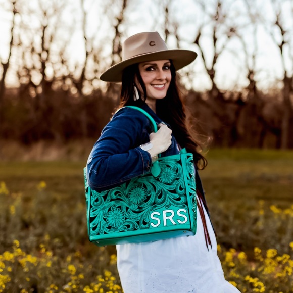 Turquoise Green Leather Floral Tote - Picture 2 of 6